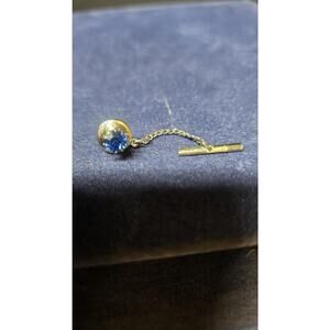 Gold Tone Blue Rhinestone Tie Pin Mens Chain Bar Round Stone Formal Jewelry